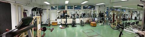 Fitnessraum mit verschiedenen Trainingsgeräten, darunter Rudergeräte, Gewichte und Laufband, auf grünem Boden.