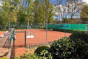 Blick auf einen Tennisplatz mit rotem Sand, umgeben von Bäumen und grünen Hecken, unter blauem Himmel.