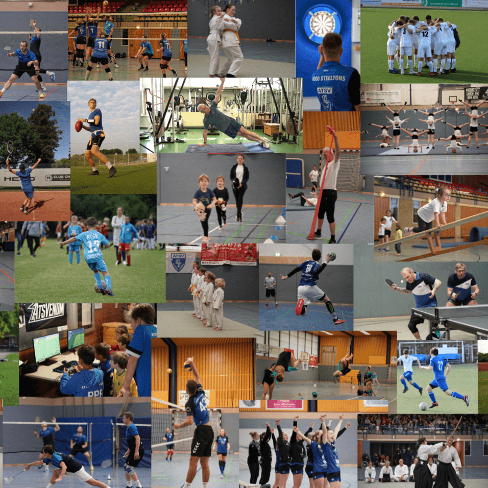 Collage mit verschiedenen Sportarten: Tischtennis, Fußball, Volleyball, Judo, Fitness, Tanzen und Bogenschießen.