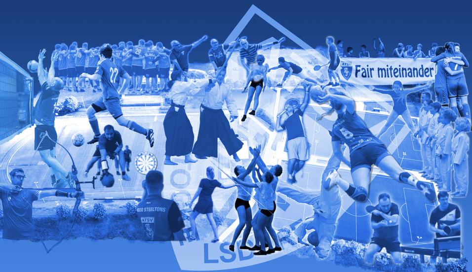 Collage aus sportlichen Aktivitäten und Szenen, darunter Handball, Tanz und Teamarbeit, in verschiedenen Blautönen.