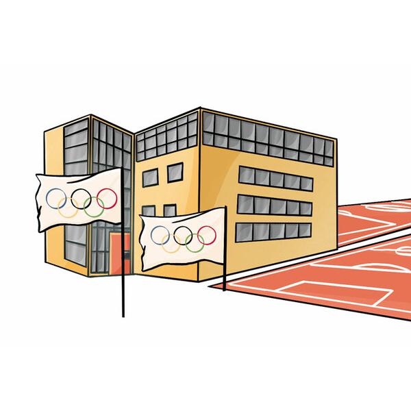 Illustration eines modernen Gebäudes mit Olympiagemeinschaftsflaggen vor einer rot markierten Sportfläche.